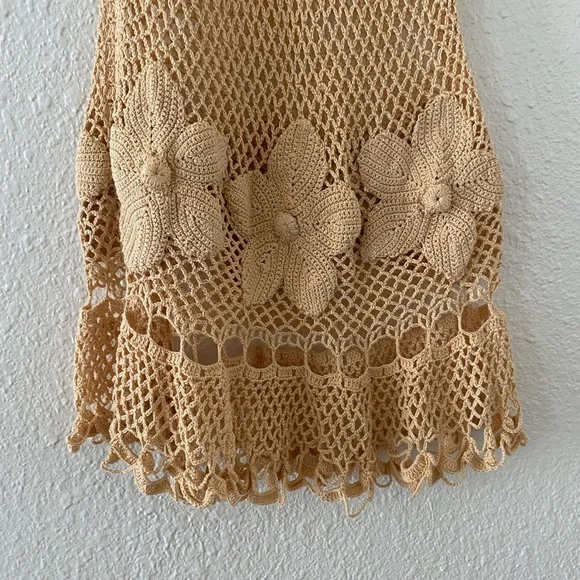 Tan Embellished Sheath Crochet Midi Dress V-Neck - Picture 2 of 4